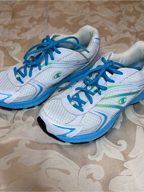 Champion White Mesh Sneakers with Blue Laces & Aqua Accents